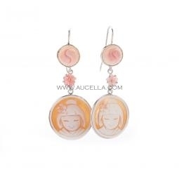 Earrings set in silver with cameo kokeshi design