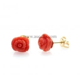 Earrings set in gold with red coral roses 9 mm 