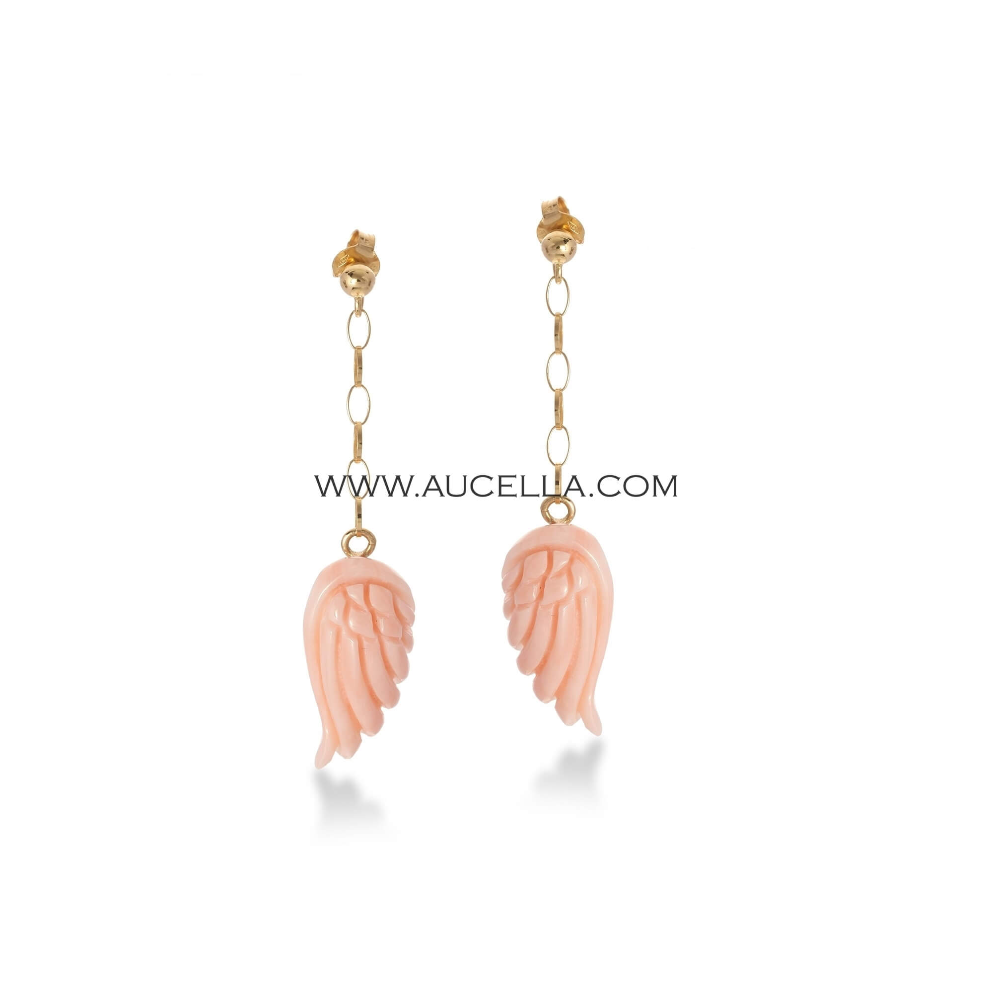 Natural pink coral wings set in gold 