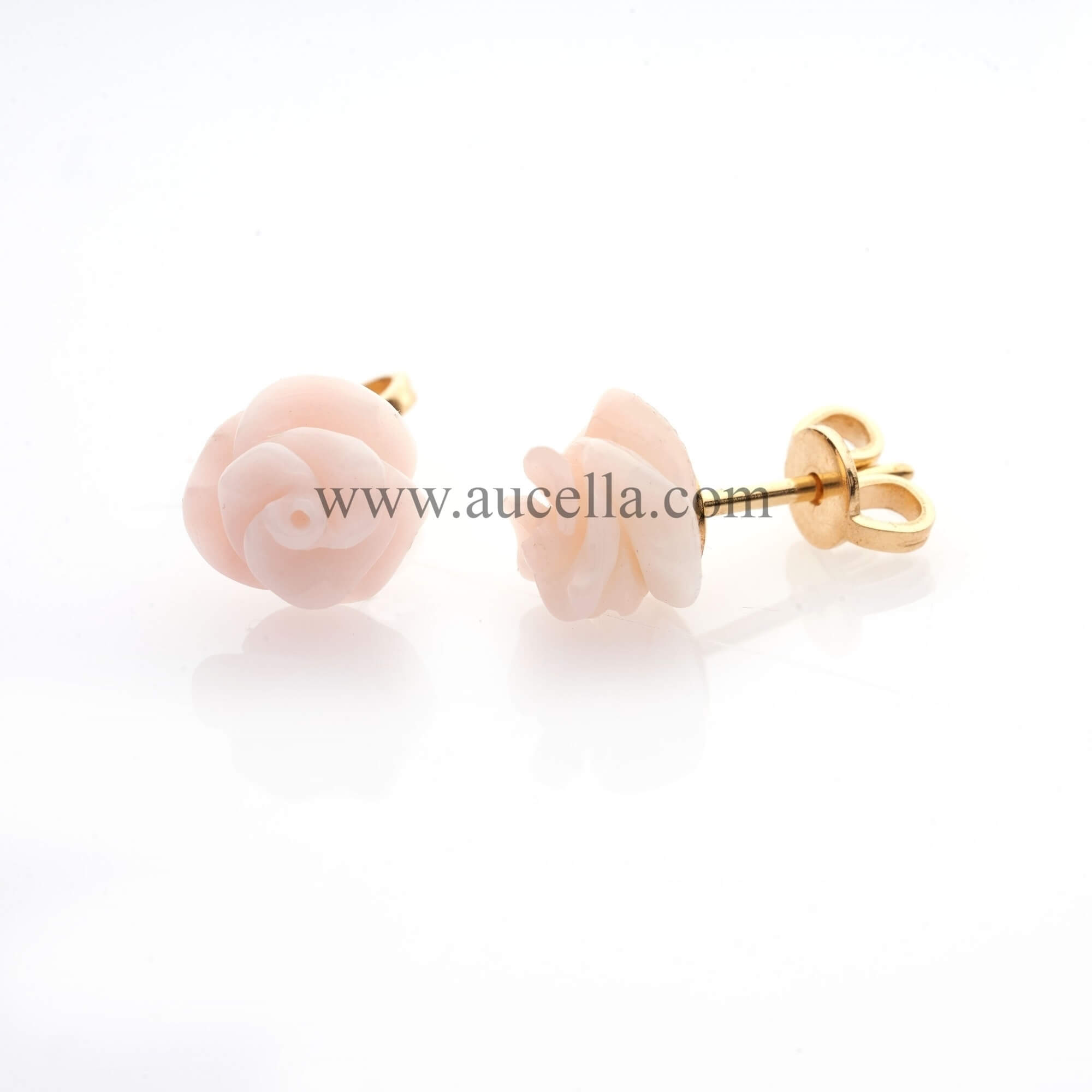 Earrings set in gold with pink coral roses 8 mm